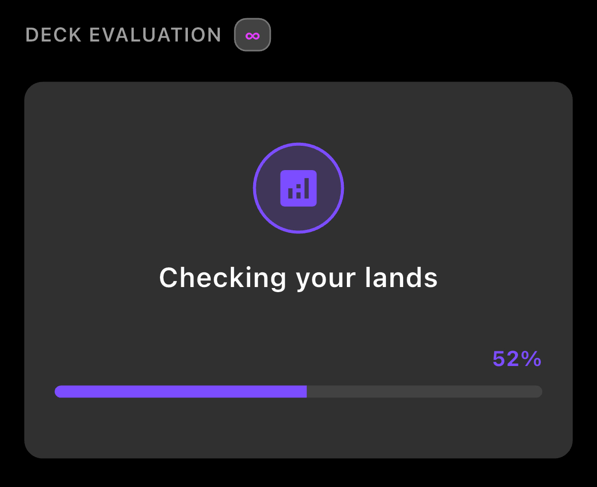 Compendium deck analysis screen showing AI evaluation progress for Magic deck optimization