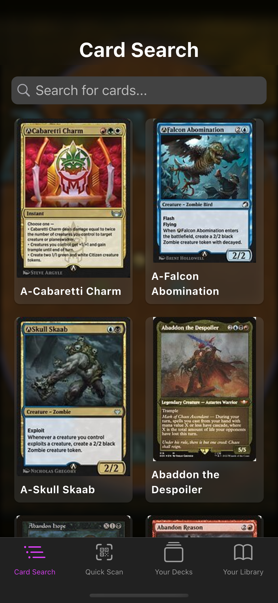 Compendium app main screen showing Magic card search interface with dark theme and purple accents