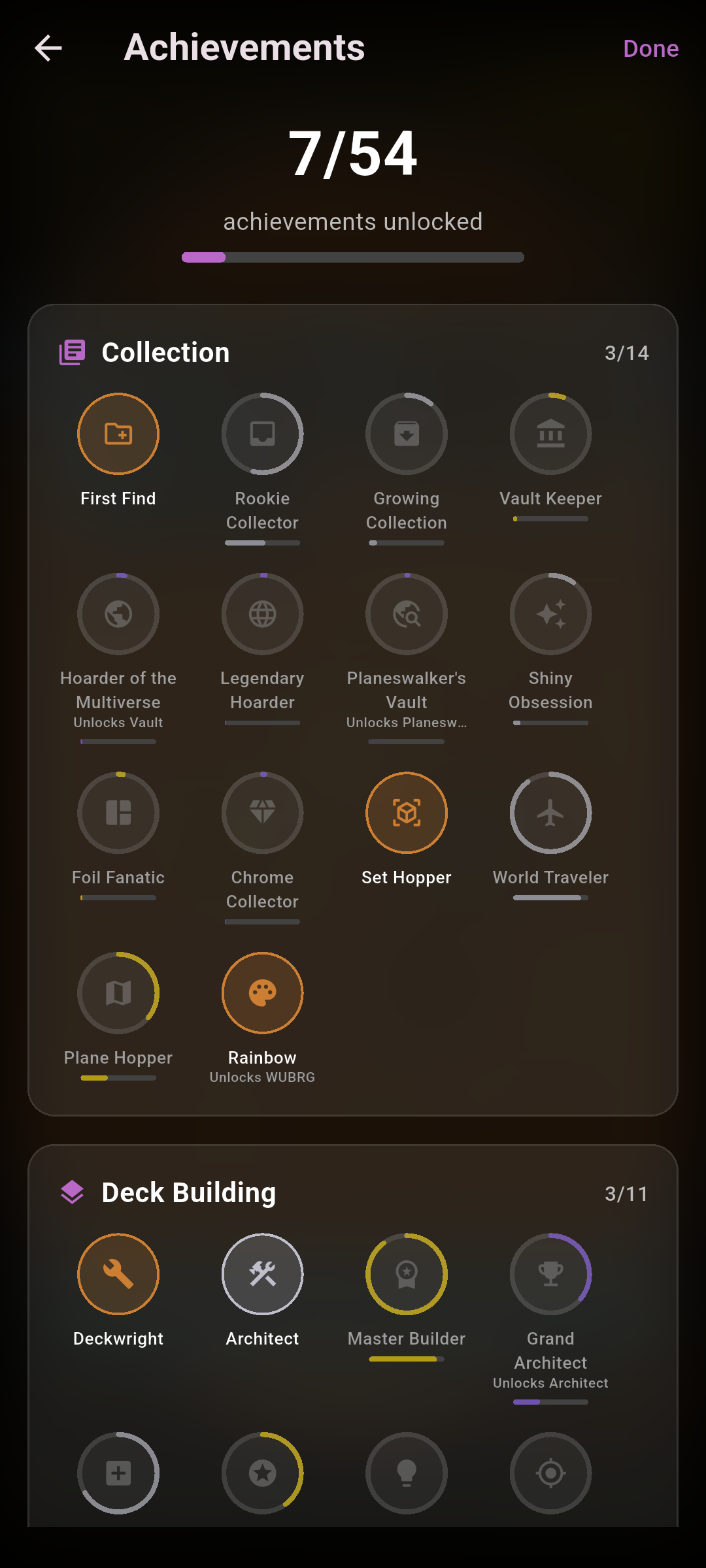 The achievements screen with an unlocked counter, progress bar and category sections of badges