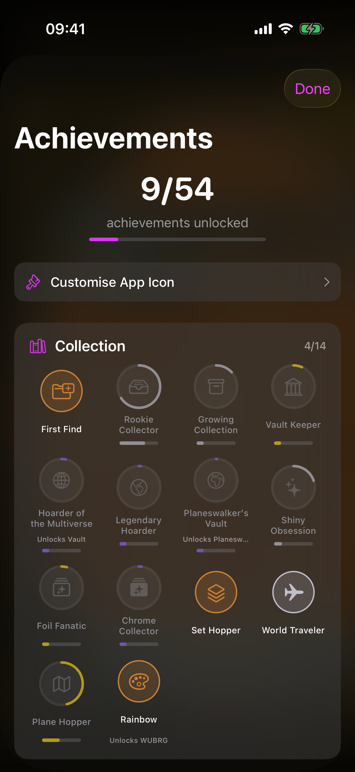 The achievements screen with an unlocked counter, progress bar and category sections of badges