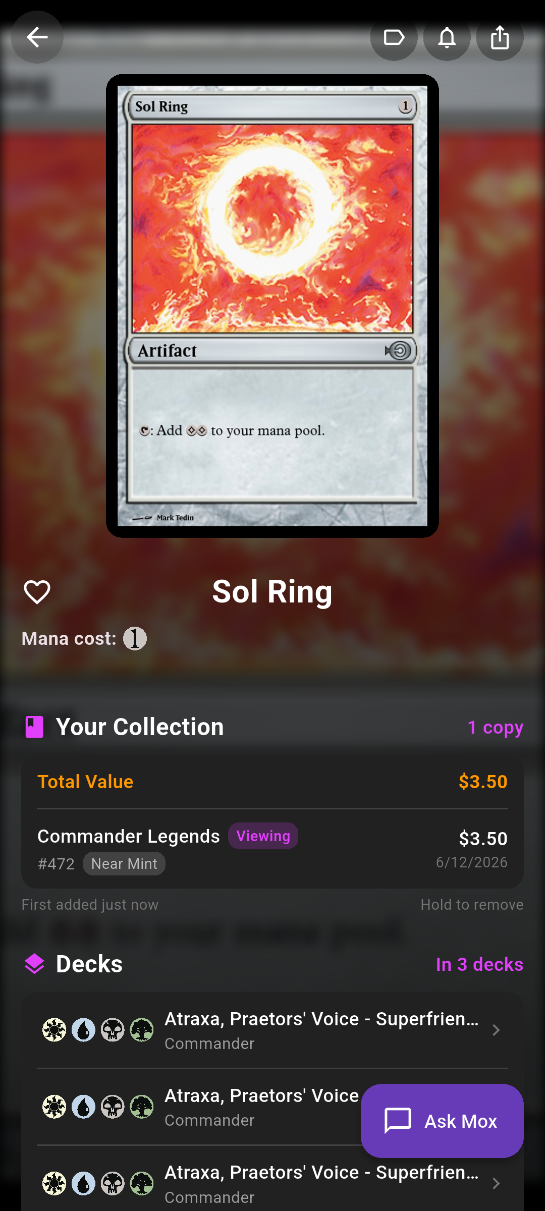 Card detail screen showing full card art, mana cost, oracle text and action buttons