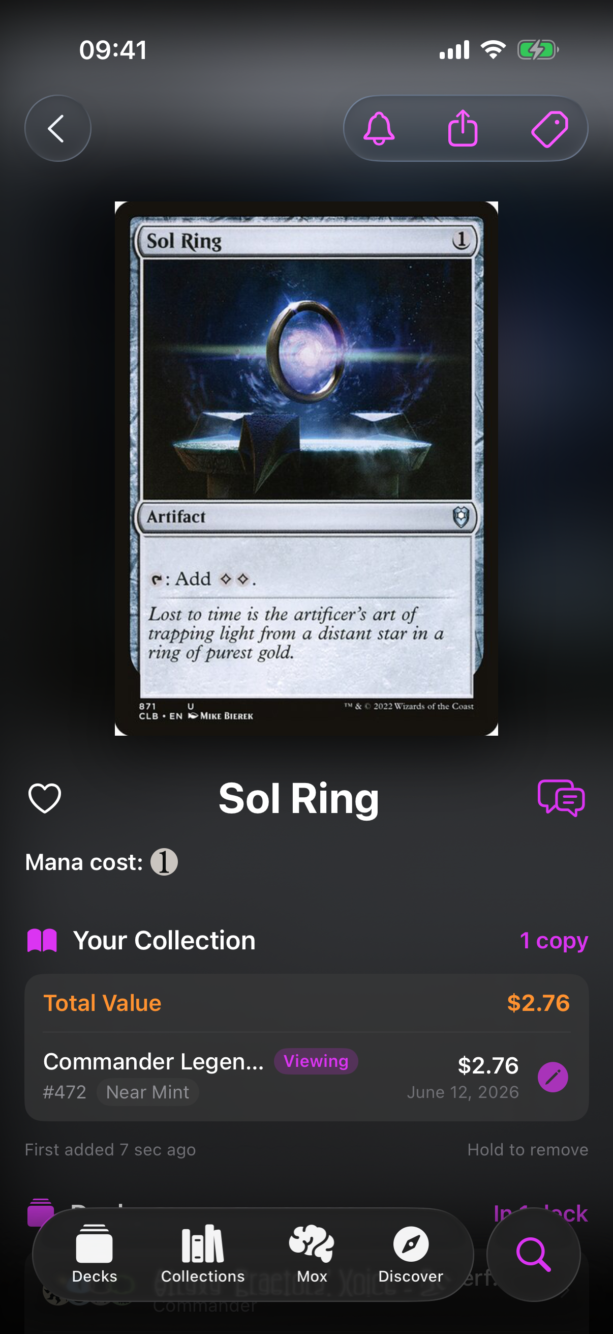 Card detail screen showing full card art, mana cost, oracle text and action buttons