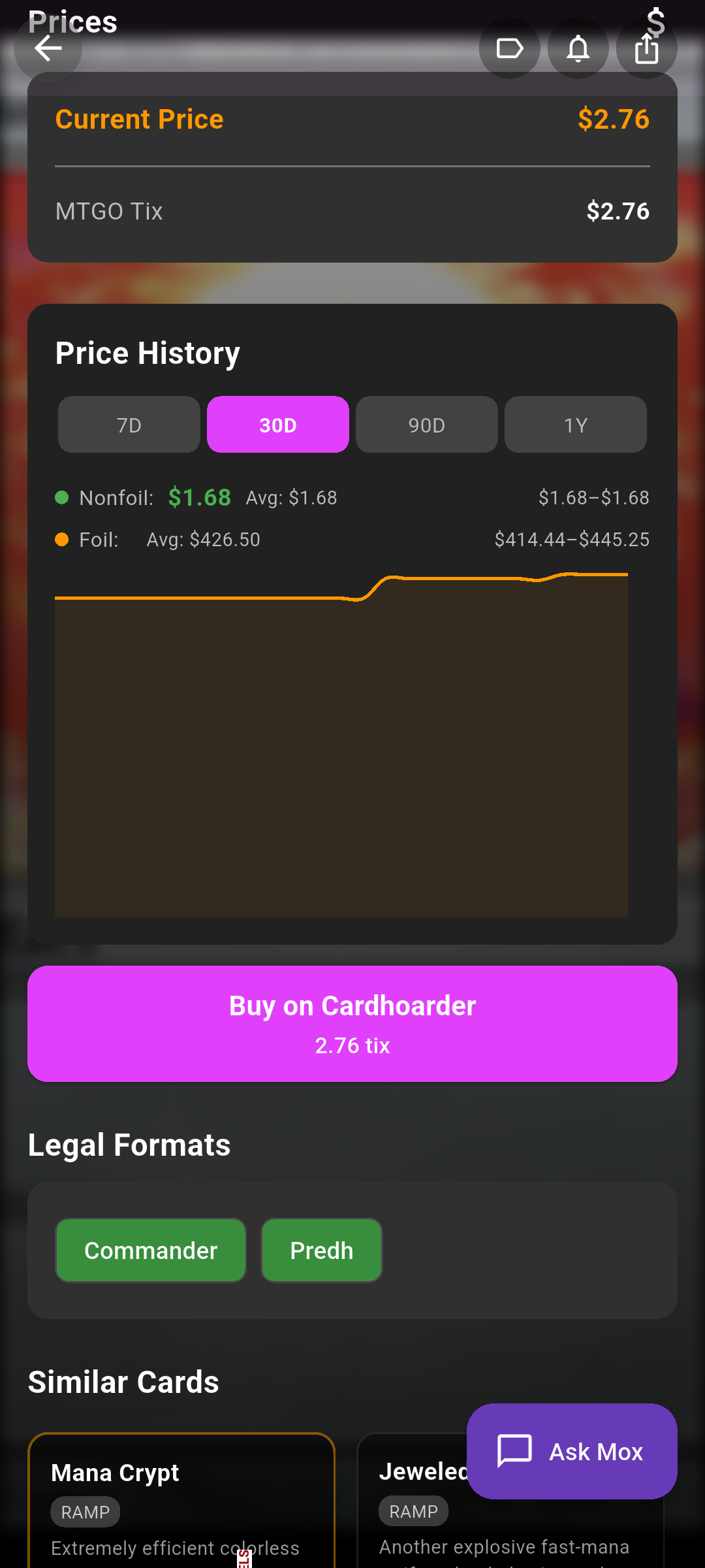 Prices panel showing current market price, foil price breakdown and a 30-day price history chart