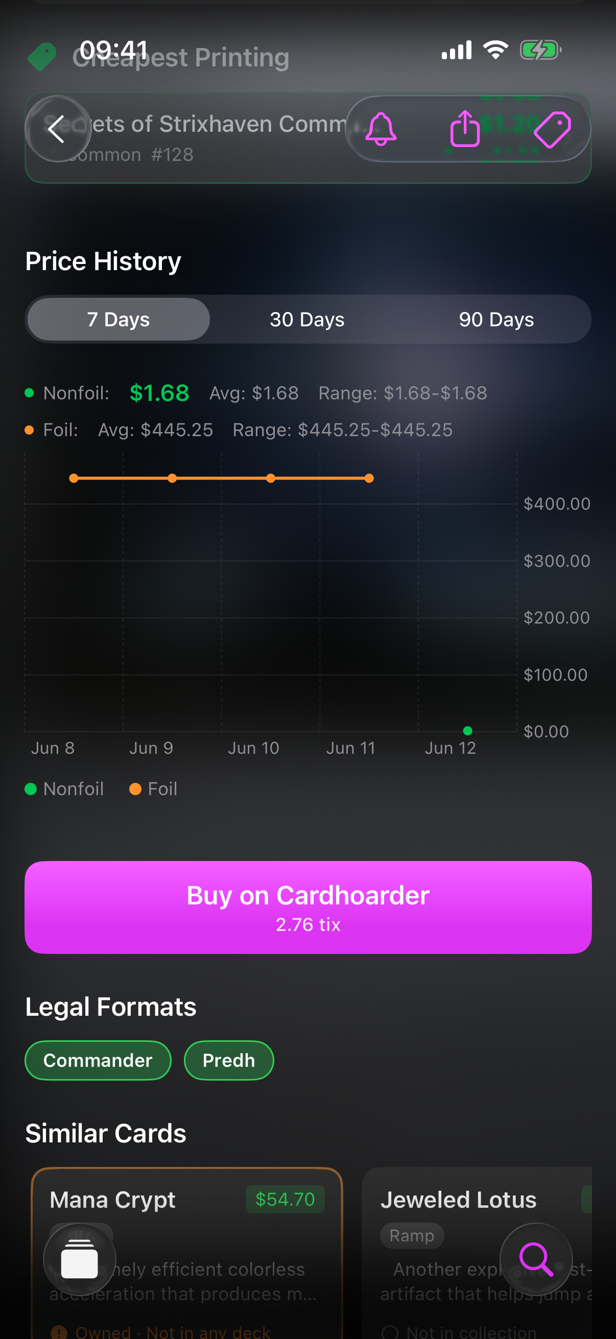 Prices panel showing current market price, foil price breakdown and a 30-day price history chart