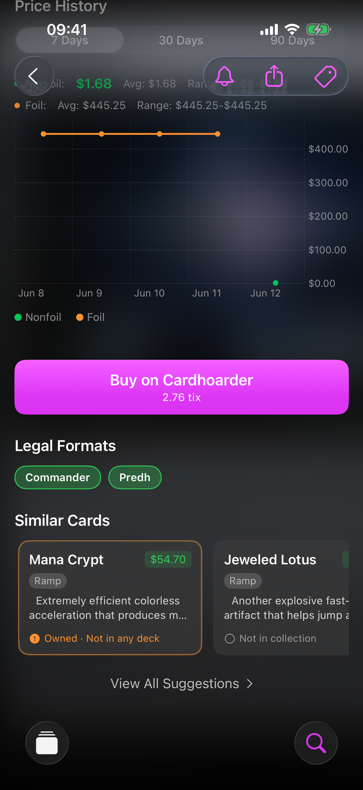 Similar Cards row showing suggested cards with role tags, Budget Pick badges and ownership indicators