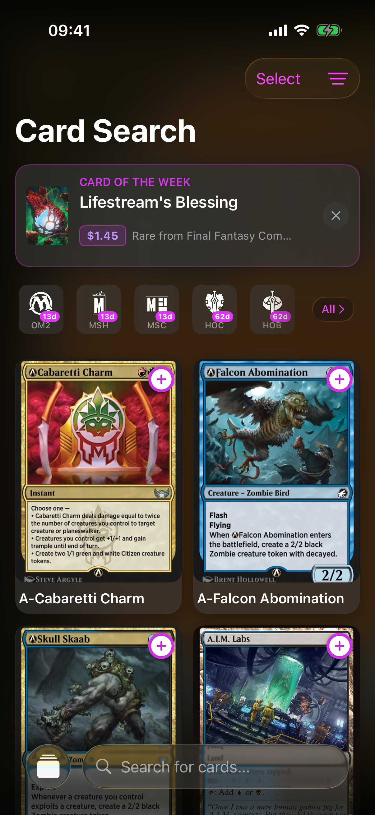 The Card Search screen with a grid of card results