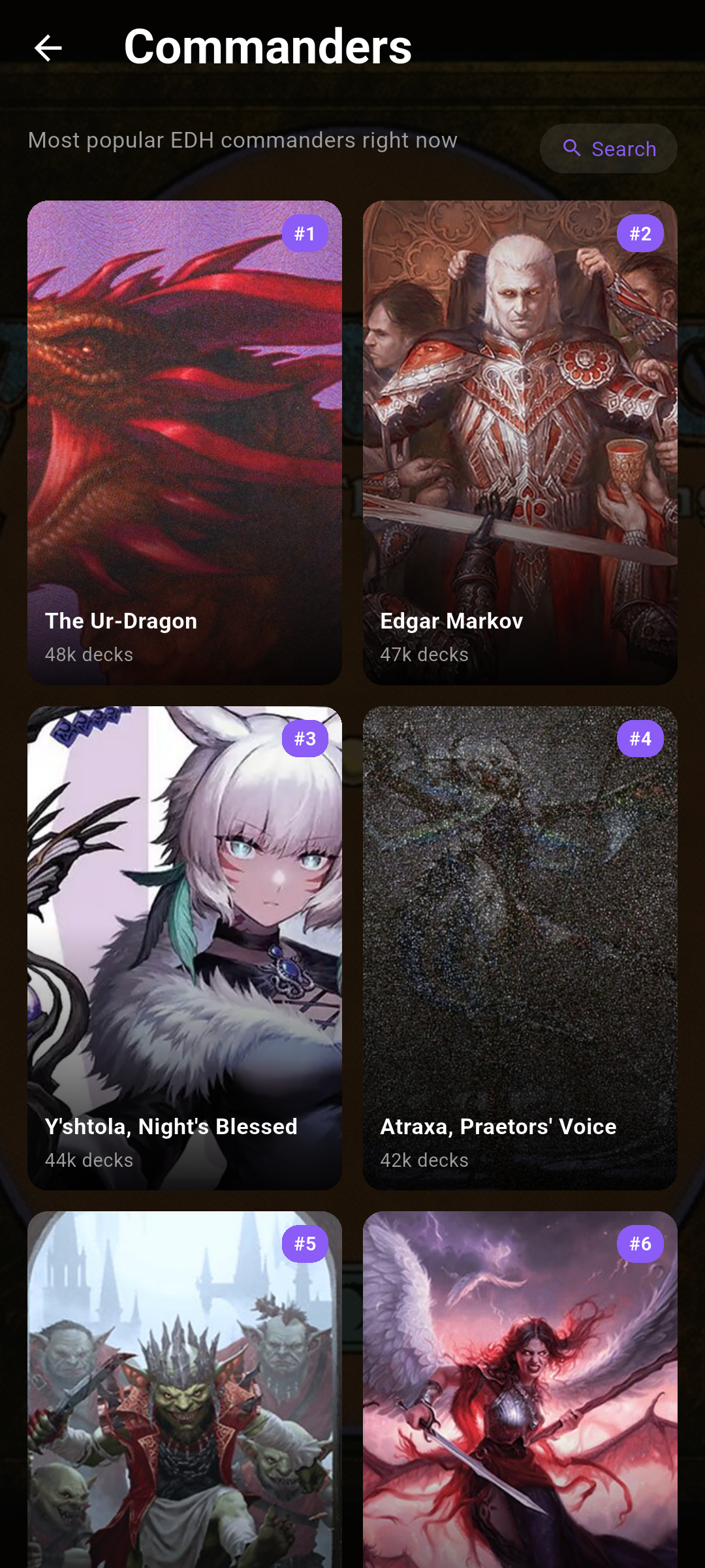 A grid of trending commanders, each tile showing art, name, EDHREC rank badge and colour pips