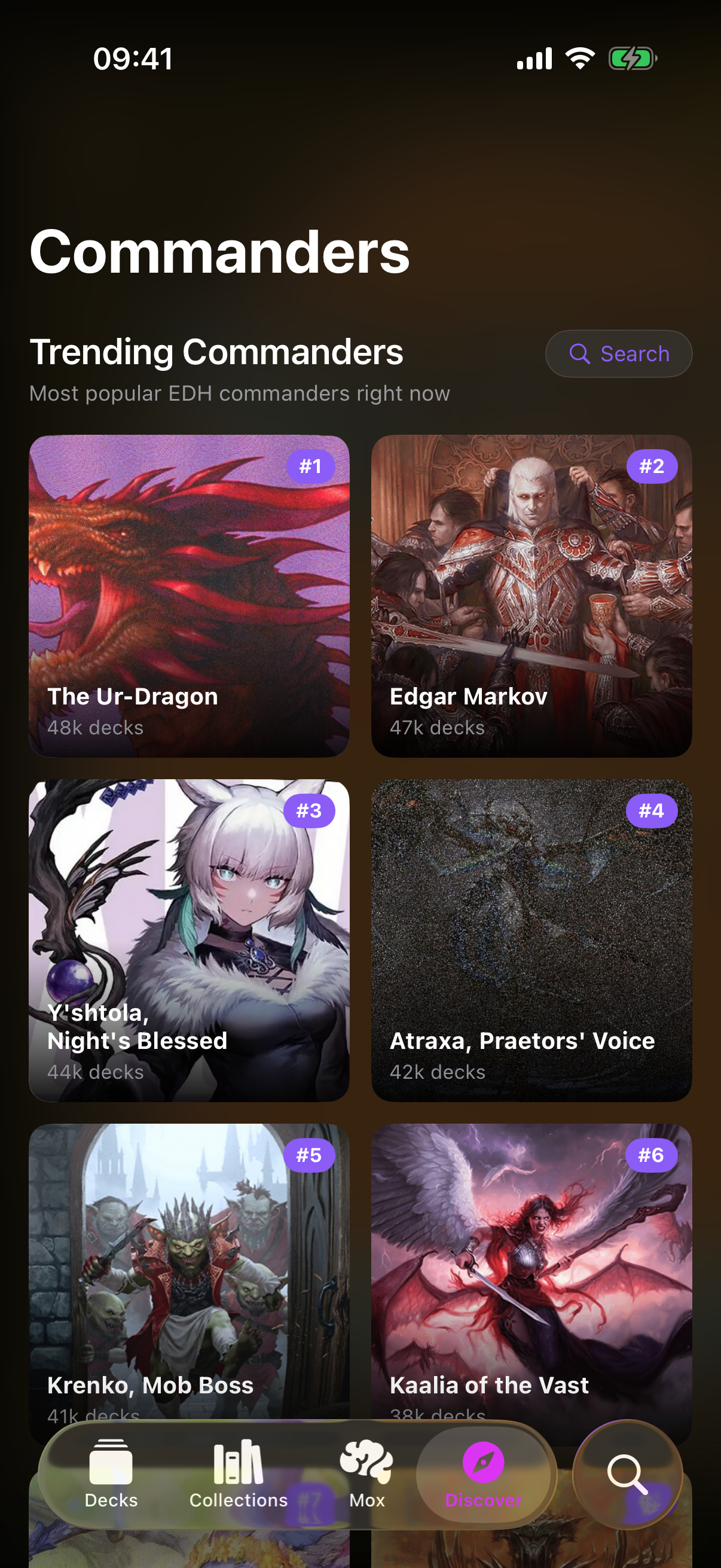 A grid of trending commanders, each tile showing art, name, EDHREC rank badge and colour pips