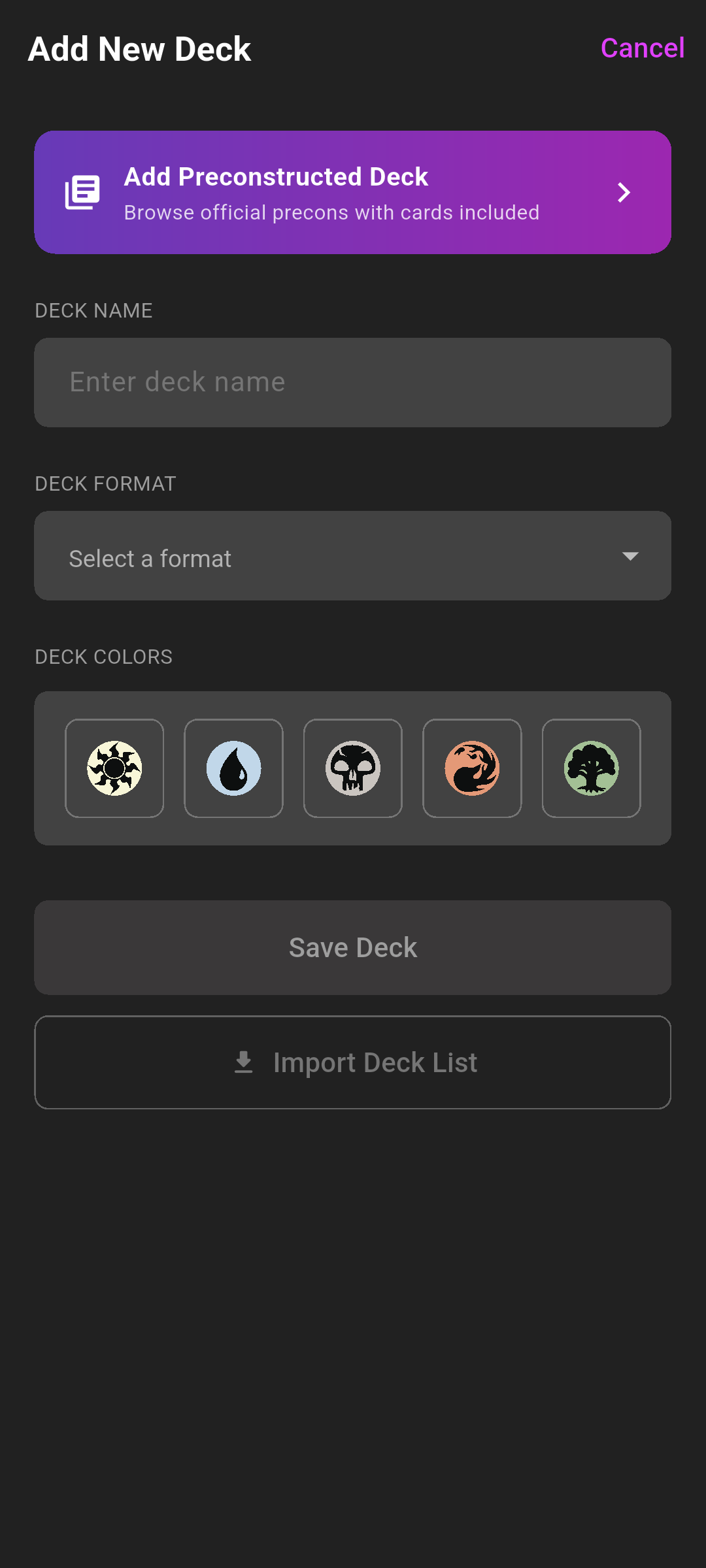 The Add New Deck sheet