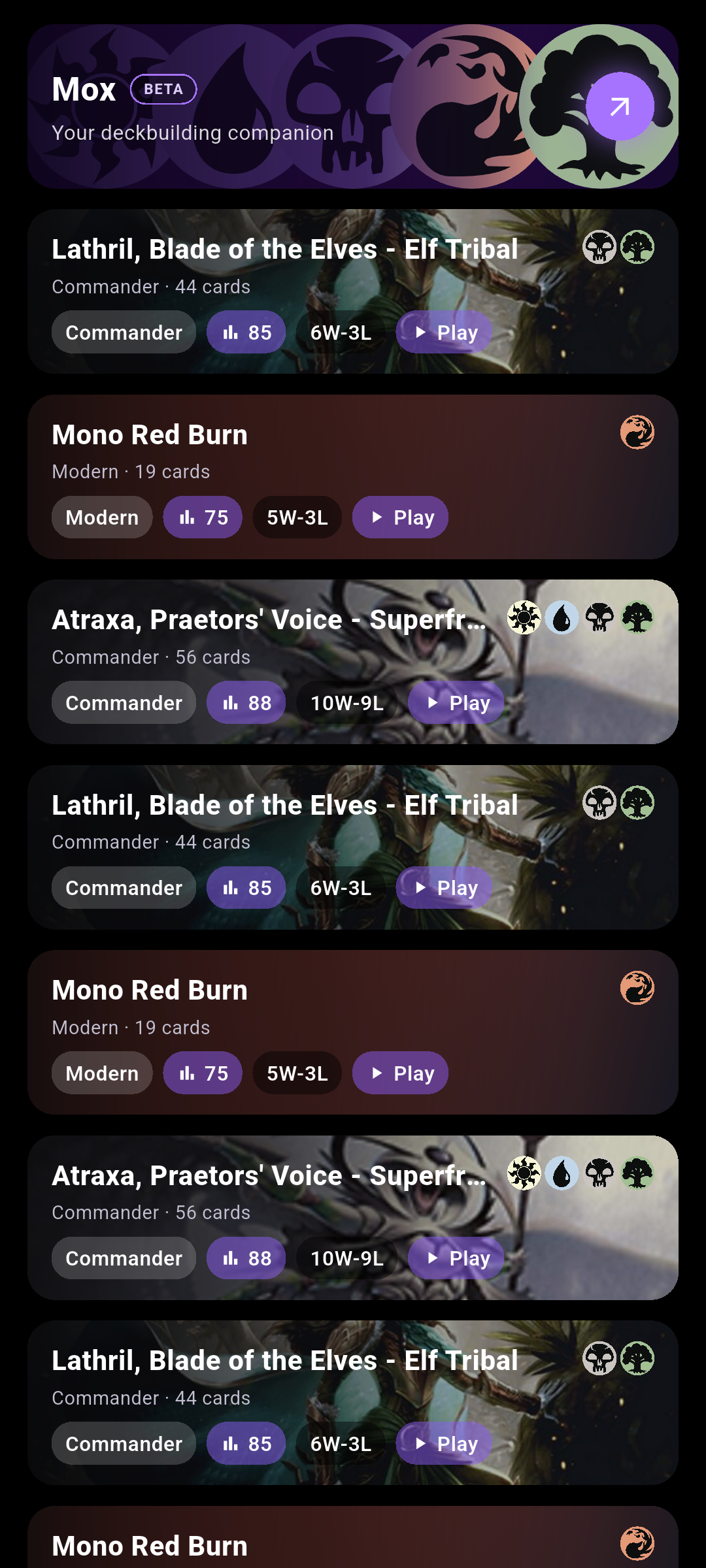 The Mox banner in the Decks tab