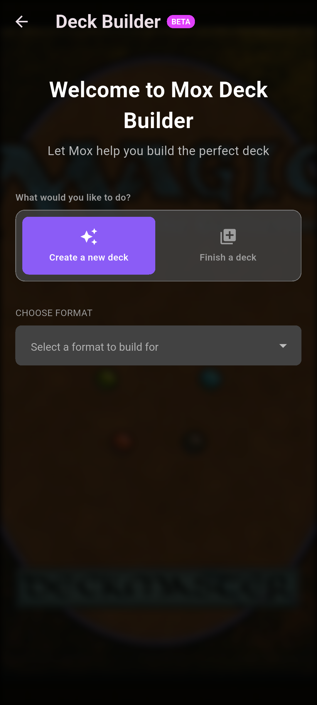 Setting the build parameters in the Mox Deck Builder