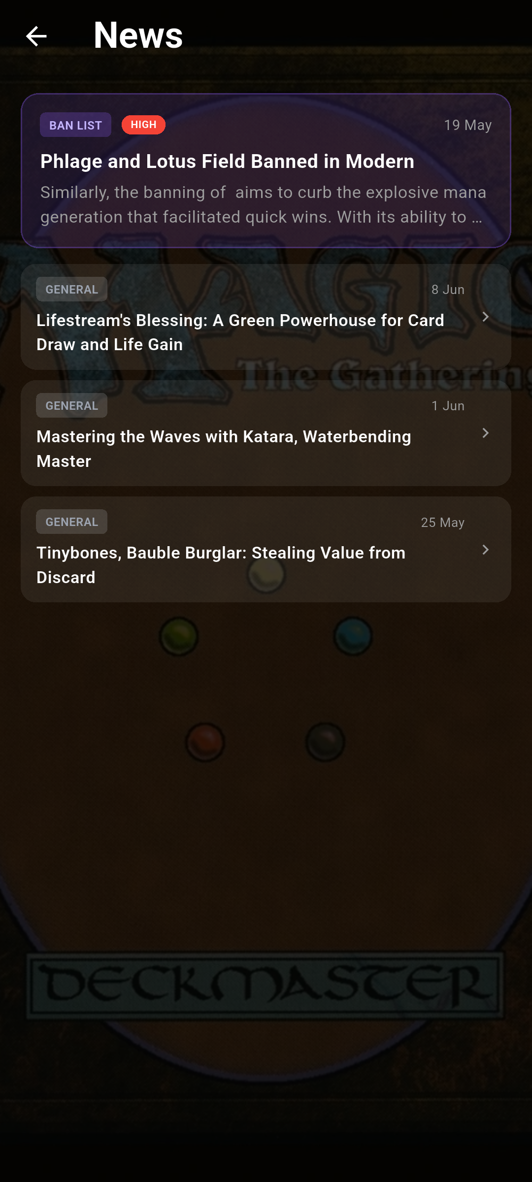 The news feed with a large featured story at the top and a list of further articles below