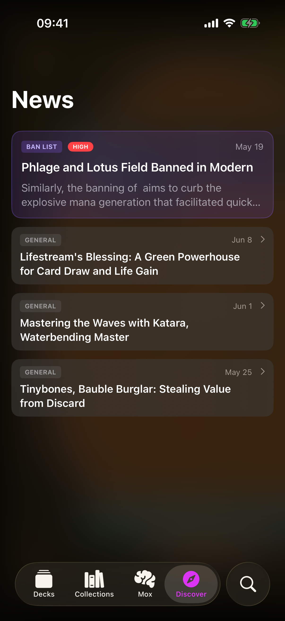 The news feed with a large featured story at the top and a list of further articles below