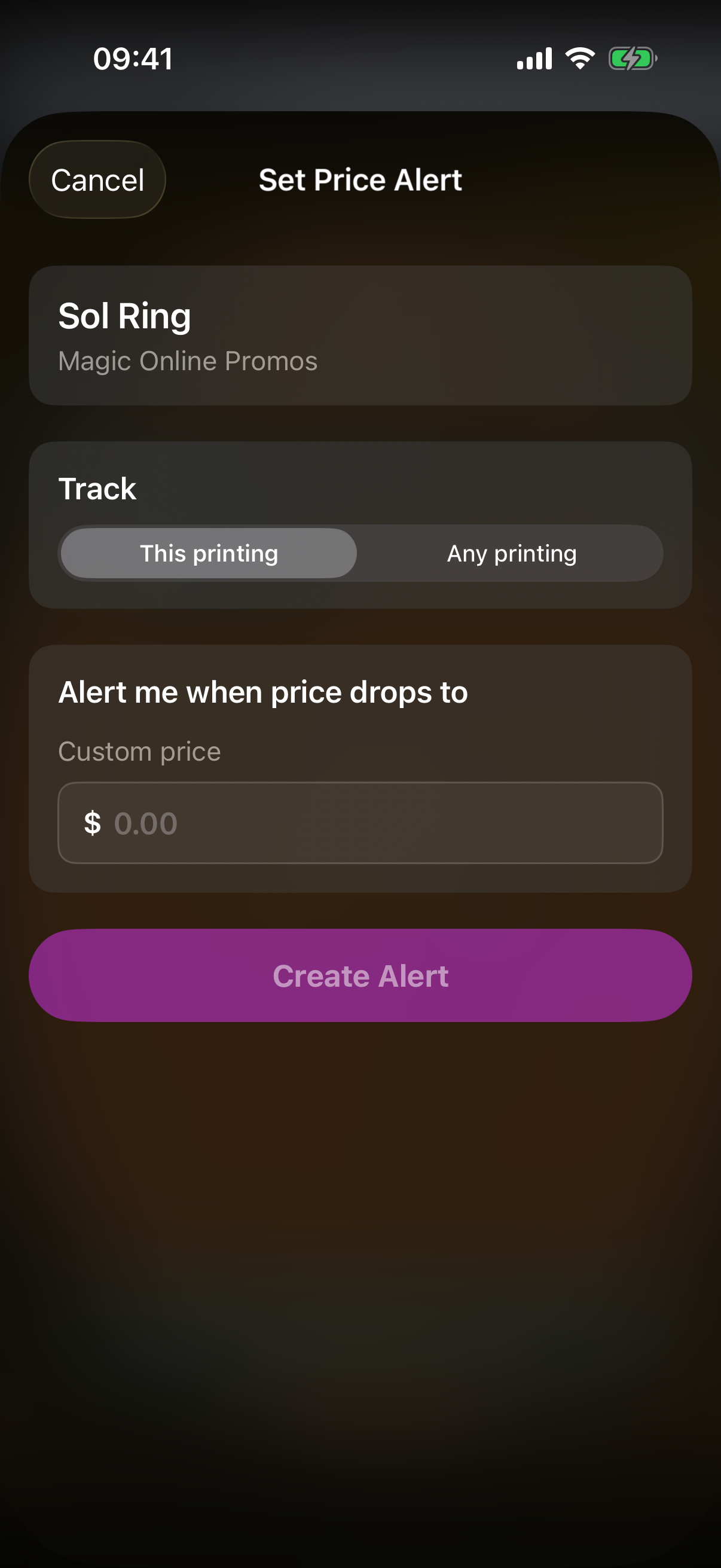 The price alert sheet showing the card name, current price and a target price field