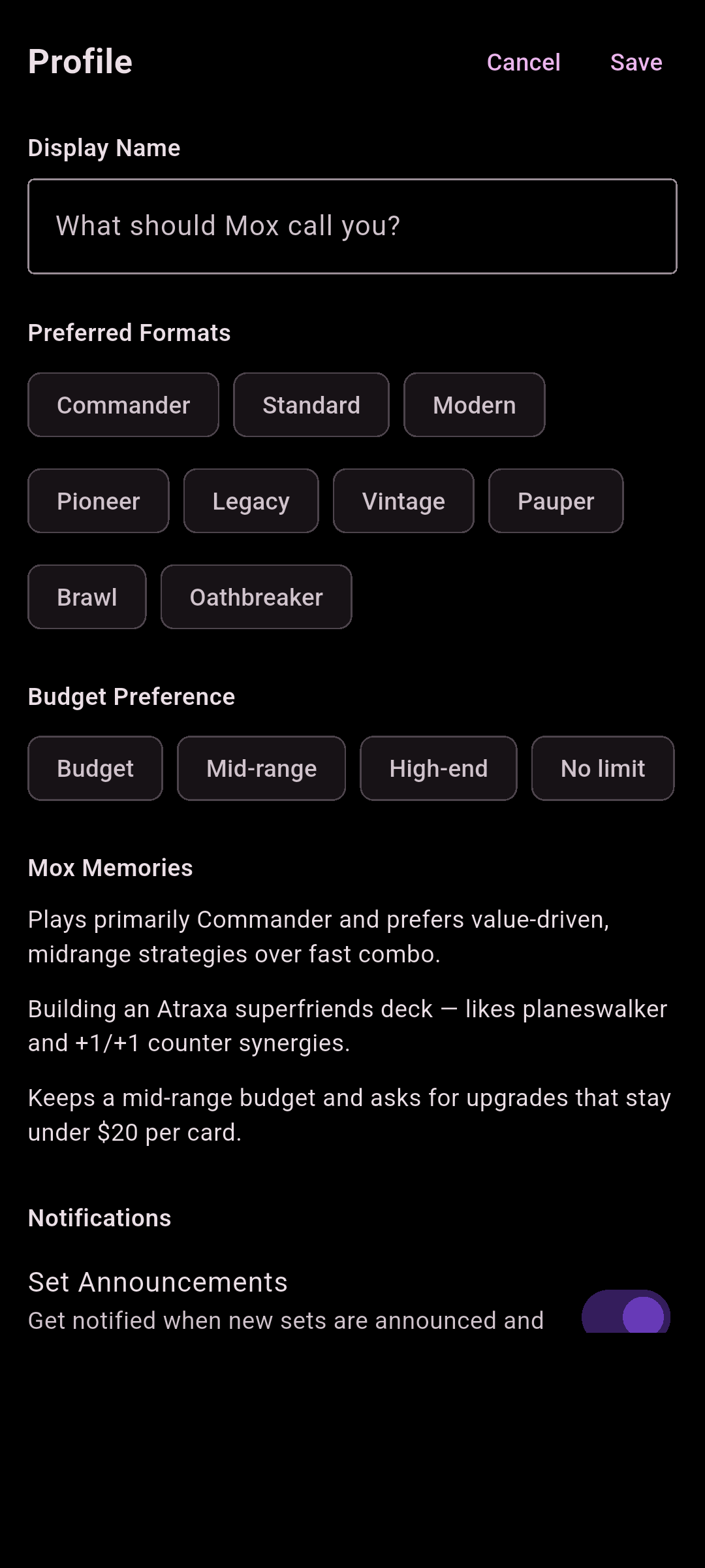 Profile sheet showing display name field, preferred formats chips and budget preference selector