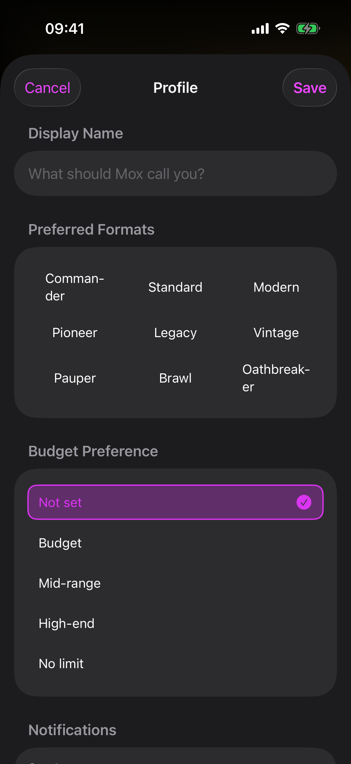 Profile sheet showing display name field, preferred formats chips and budget preference selector