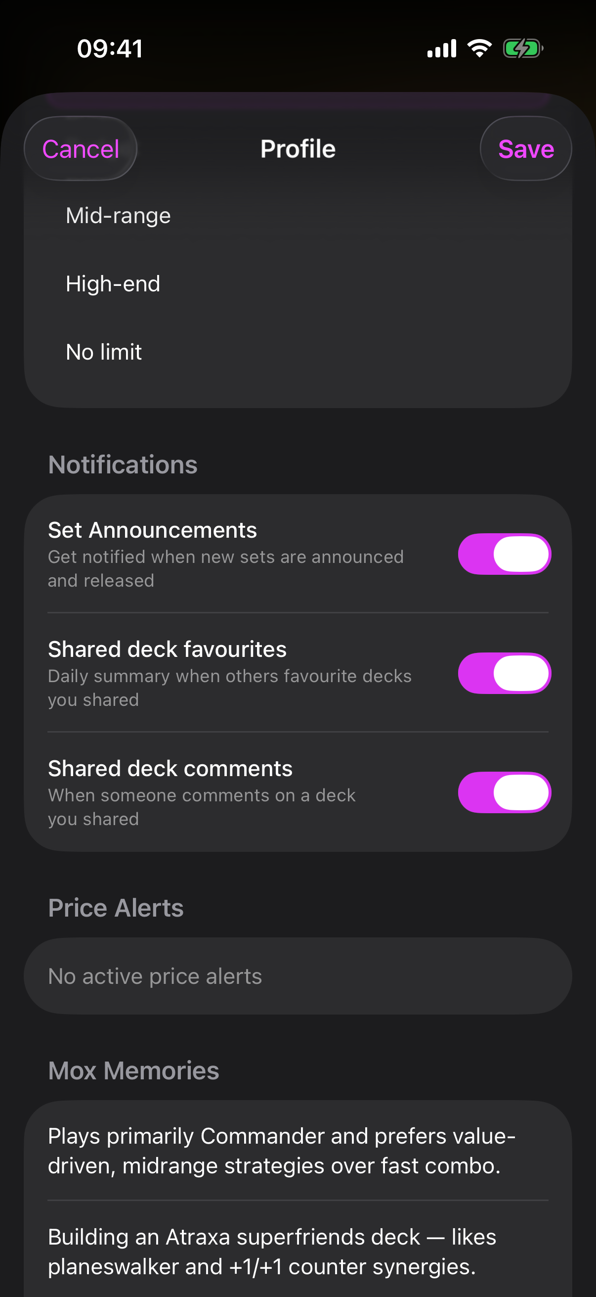 Notifications section of the Profile sheet with toggles for Set Announcements, Shared deck favourites and Shared deck comments