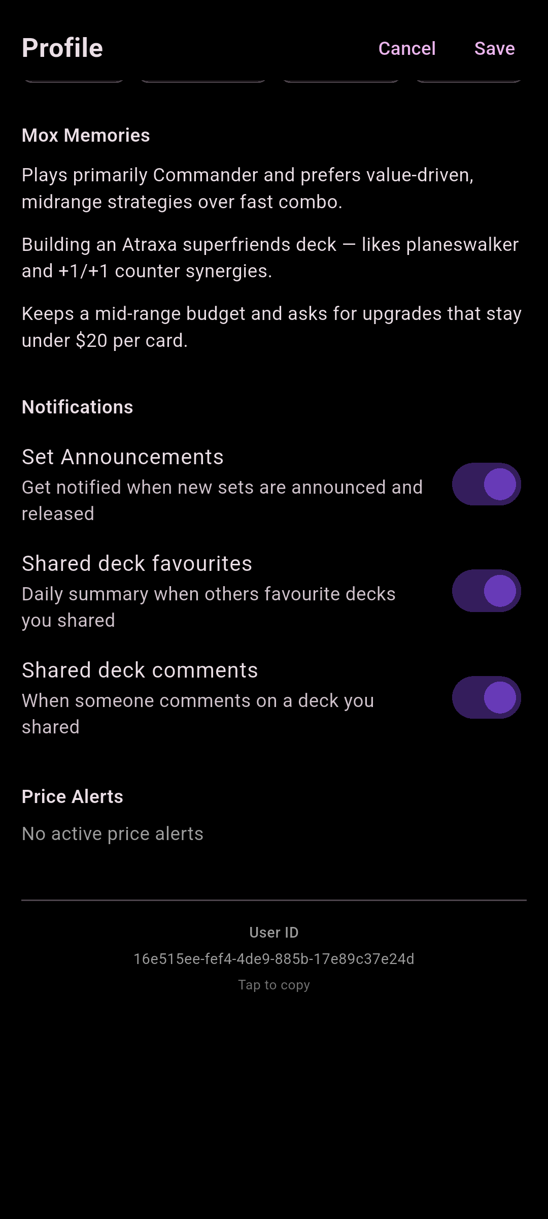 Mox Memories list showing short memory entries about play style and favourite strategies, with swipe-to-delete