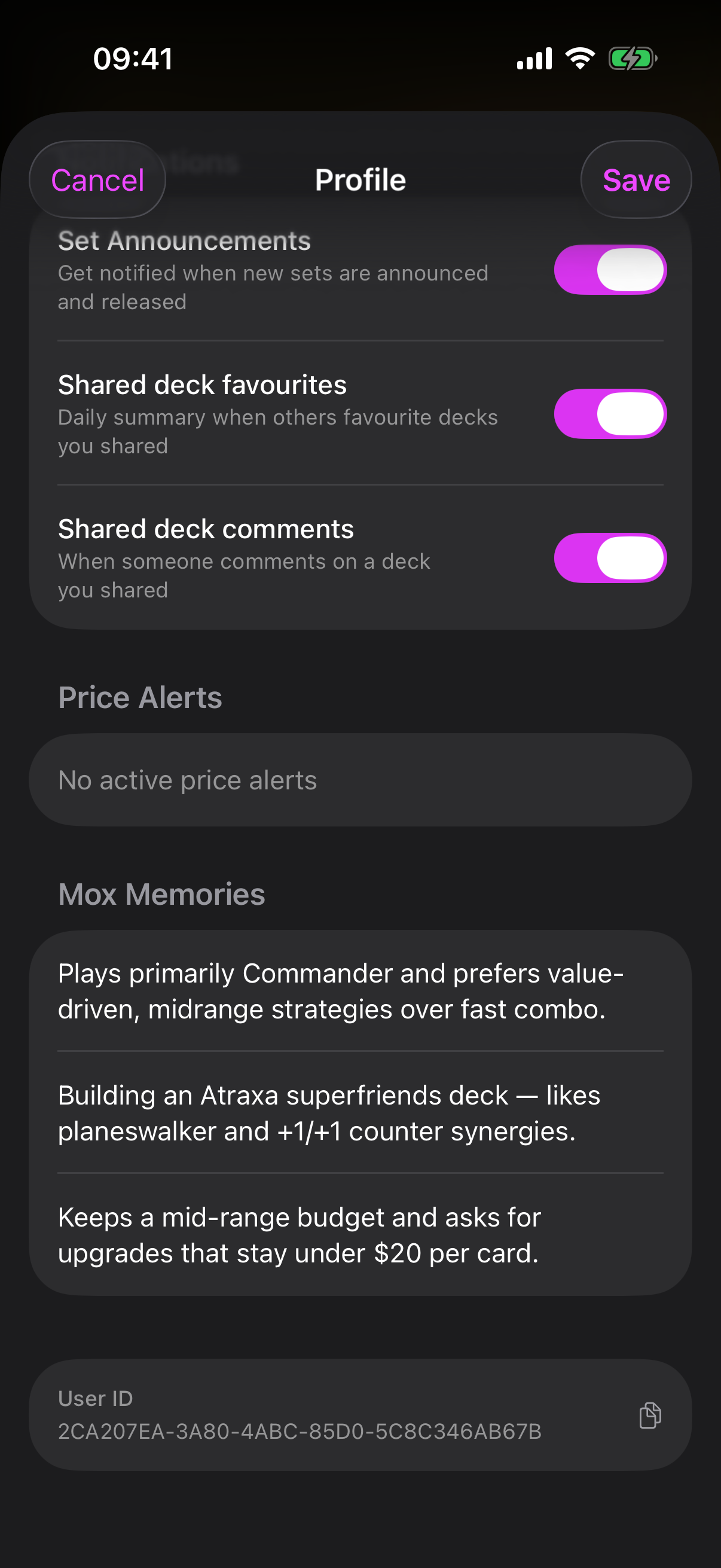 Mox Memories list showing short memory entries about play style and favourite strategies, with swipe-to-delete