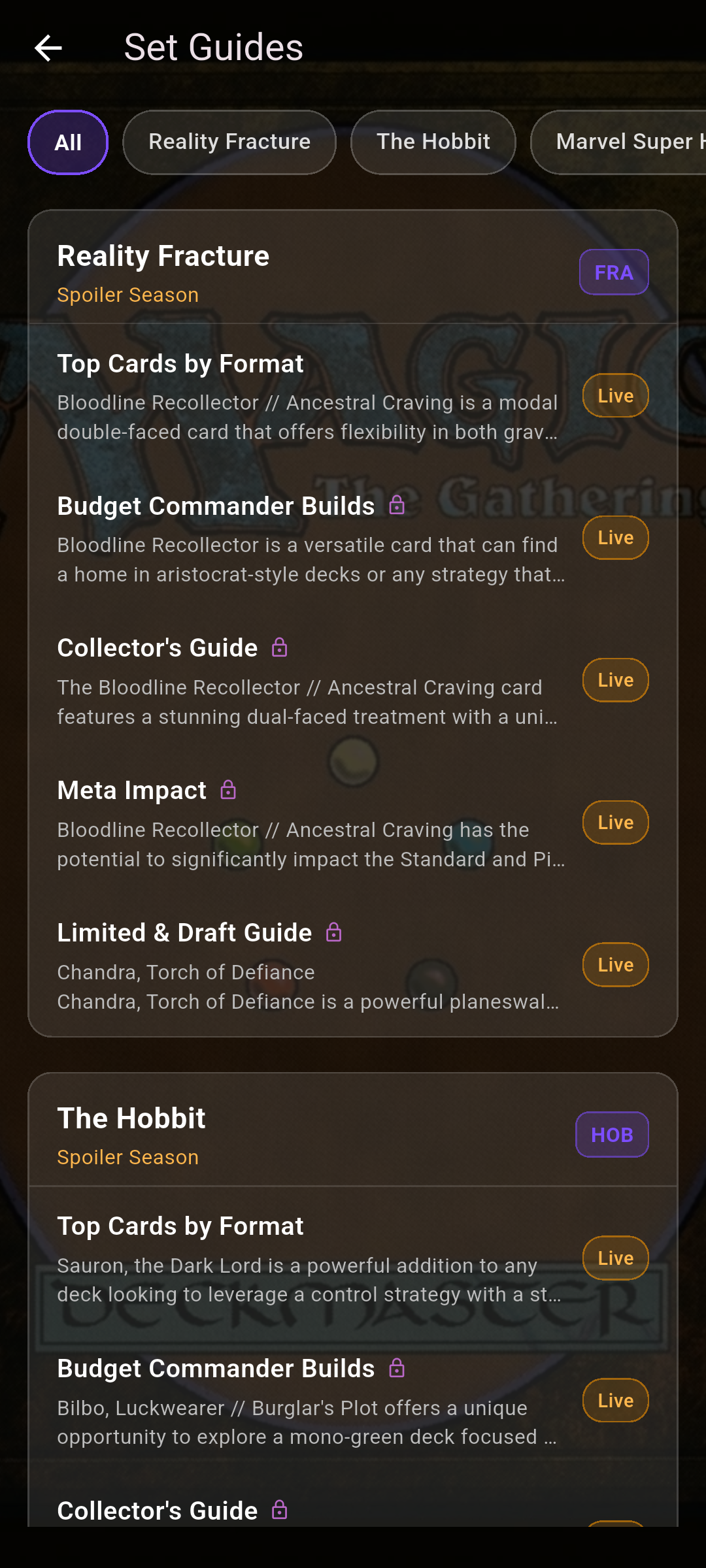 The set guides list with sets grouped into cards and guide types listed beneath each set