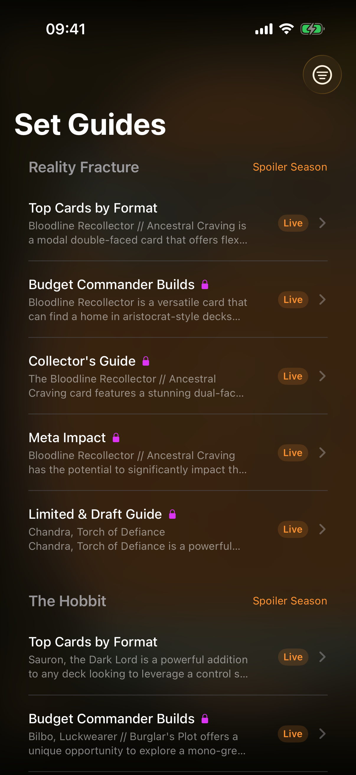The set guides list with sets grouped into cards and guide types listed beneath each set