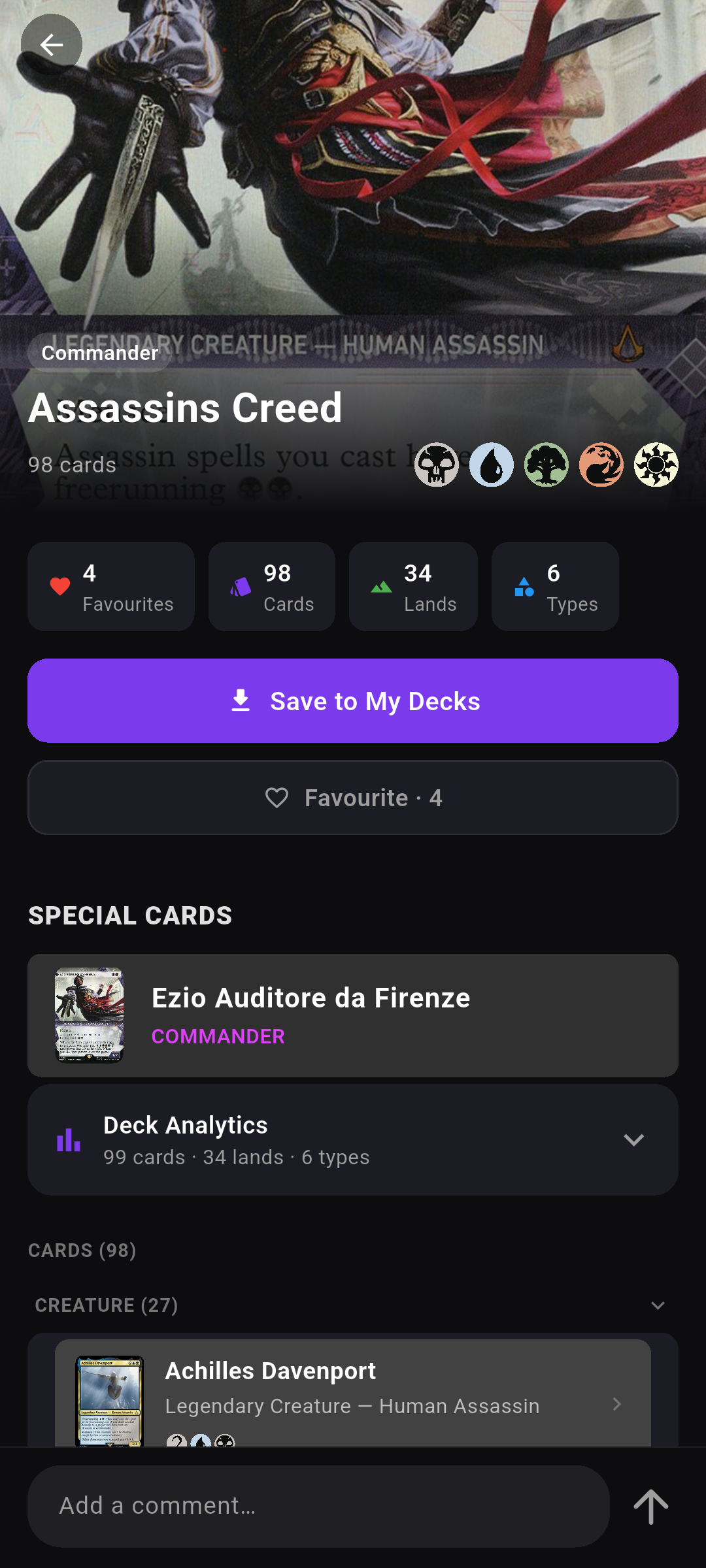 A shared deck's details with stats, favourites and comments