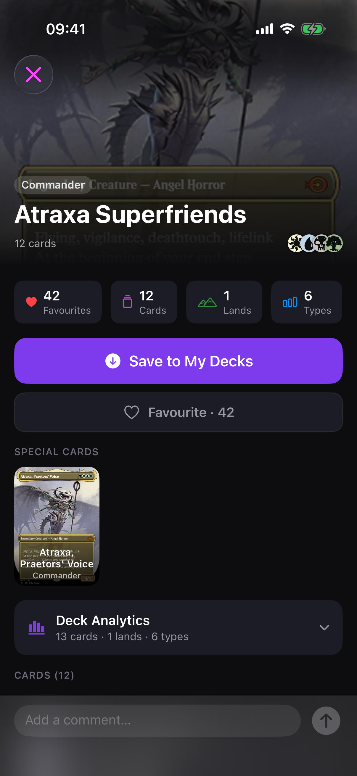 A shared deck's details with stats, favourites and comments