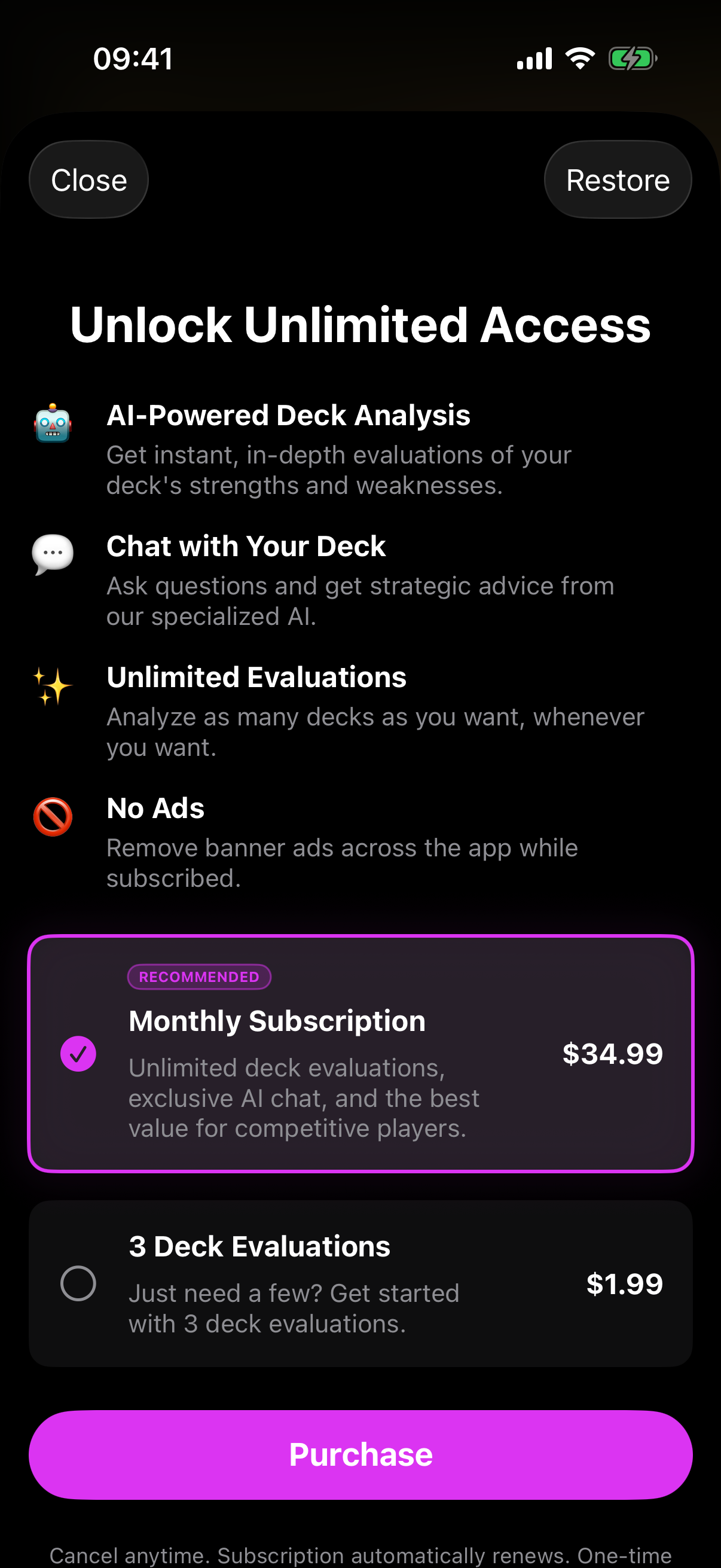 Compendium Pro upgrade screen listing plan options with monthly and annual prices and a Restore button