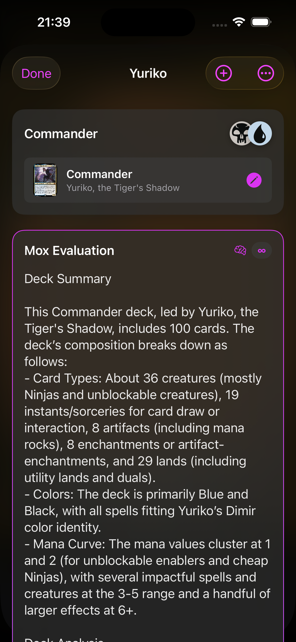 Mox chatting about Magic: The Gathering deck strategy, showing detailed card recommendations