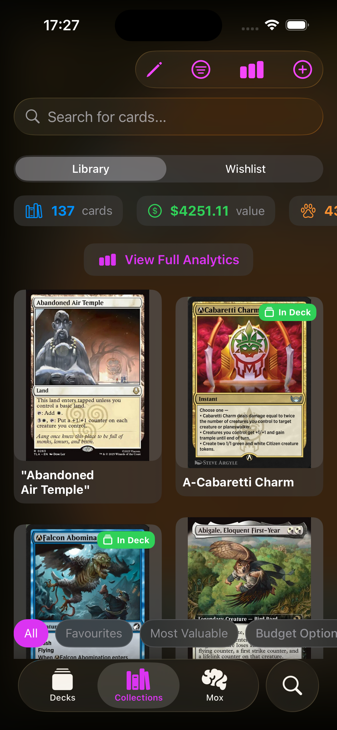 Card collection library view showing tracked cards with quantities and deck usage