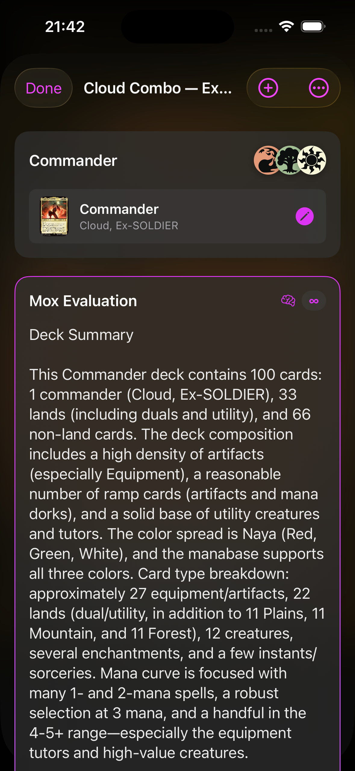 Mox deck analysis showing mana curve, colour distribution, synergy scores and improvement suggestions