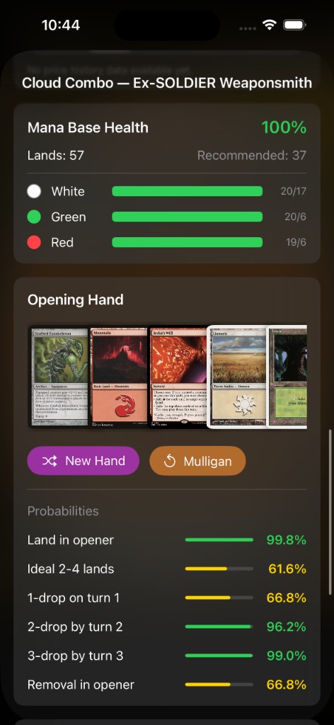 Deck analytics showing mana base health, colour distribution, opening hand simulator, and draw probabilities