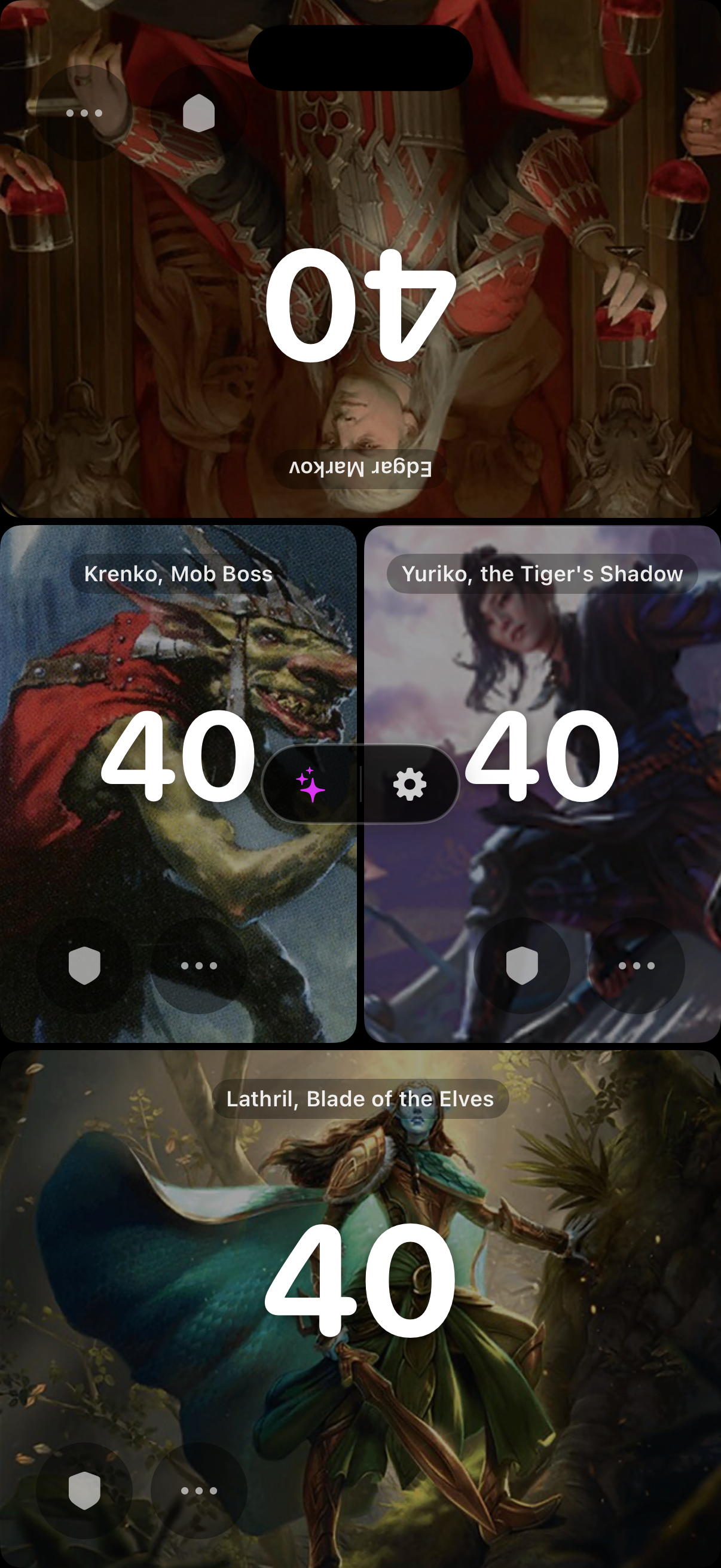 Life counter interface showing a six-player Commander game with individual life totals and game log
