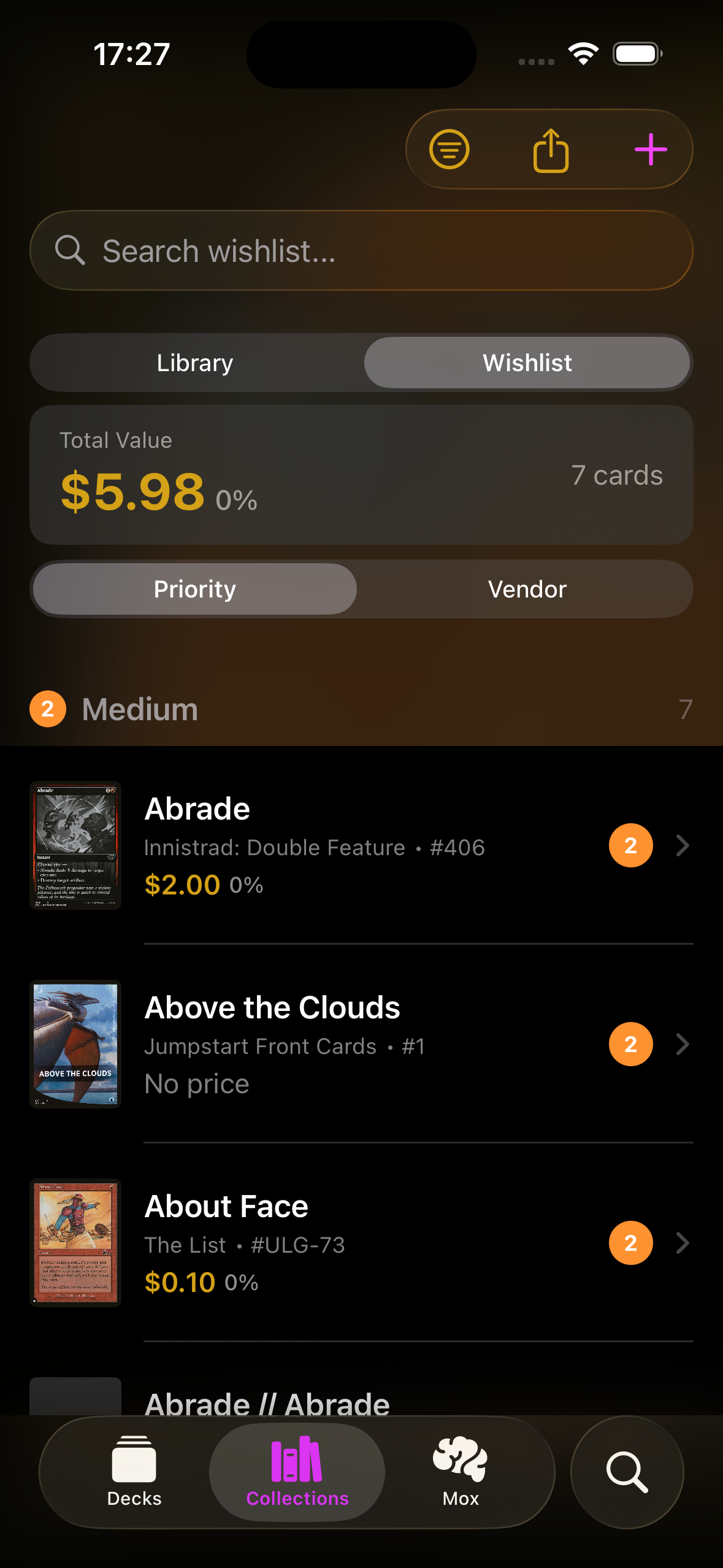 Wishlist view showing cards you want to acquire for your Magic: The Gathering collection