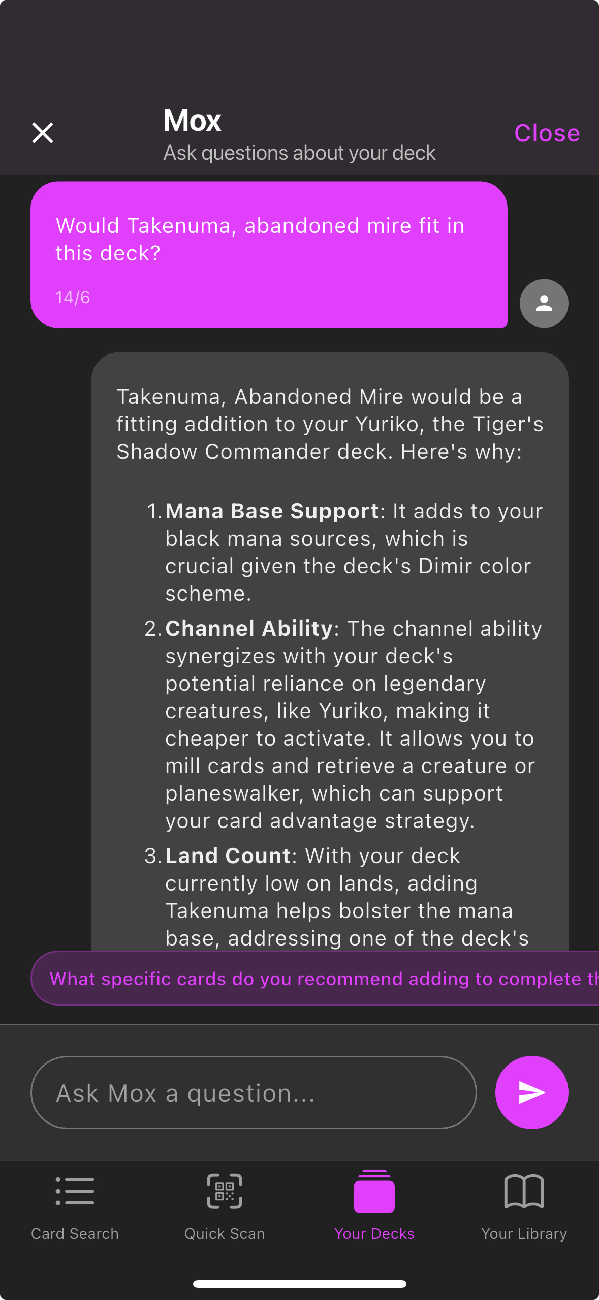 Compendium AI chat interface showing conversation about Magic: The Gathering strategy and deck building